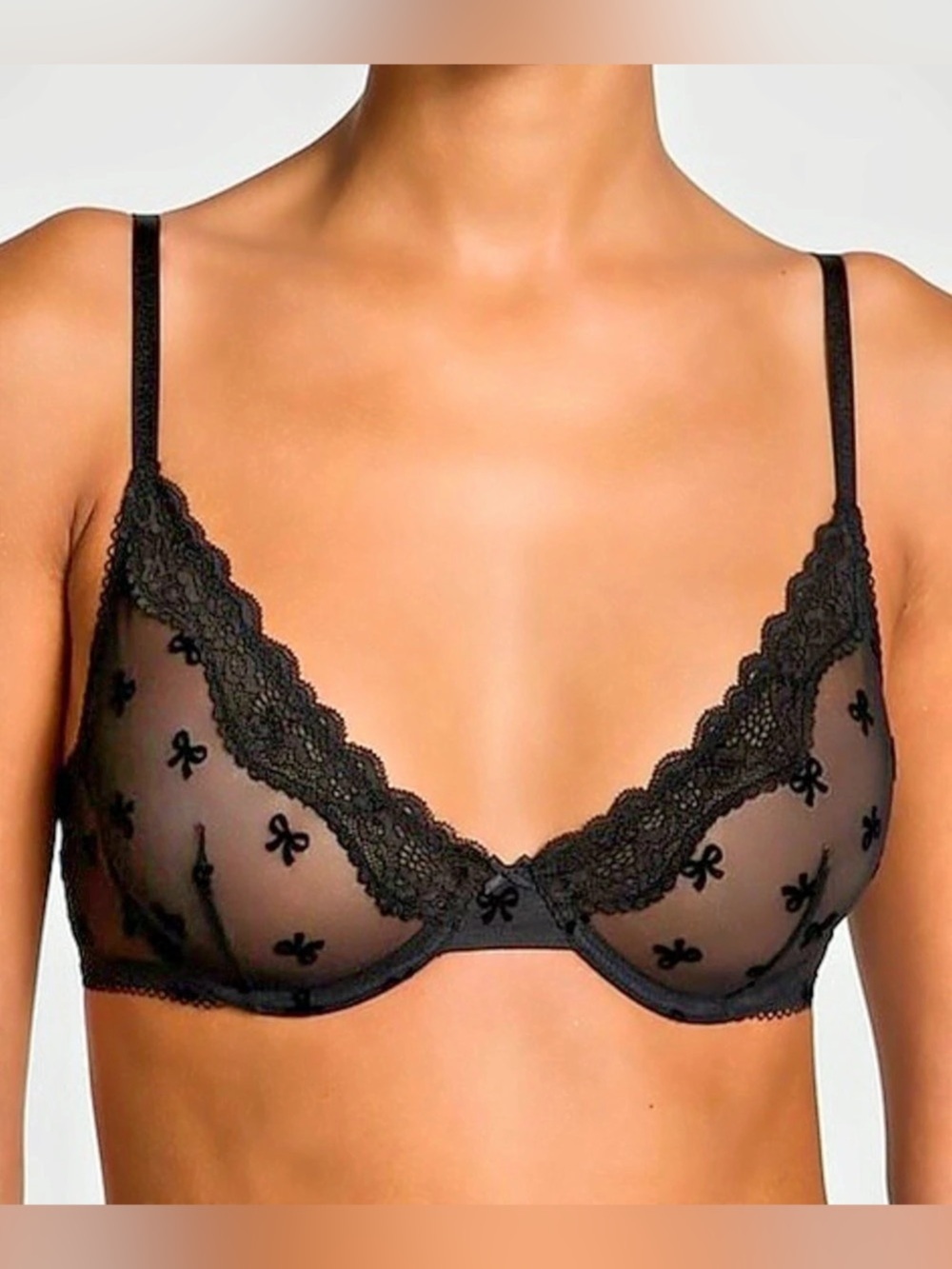 Victoria's Secret Tease Black Bows Flocked Unlined Demi Bra Velvet Sheer